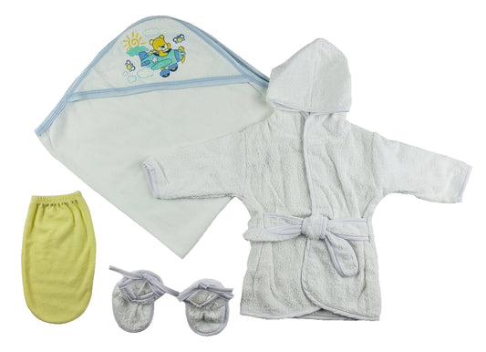 Boys Infant Robe, Hooded Towel and Washcloth Mitt - 3 pc Set  - White/Blue