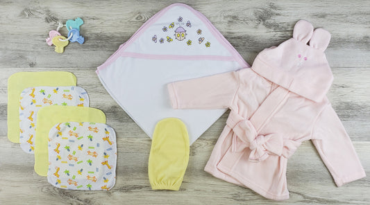 Hooded Towel, Wash Coths, Bath Mittens and Robe - Yellow/Pink