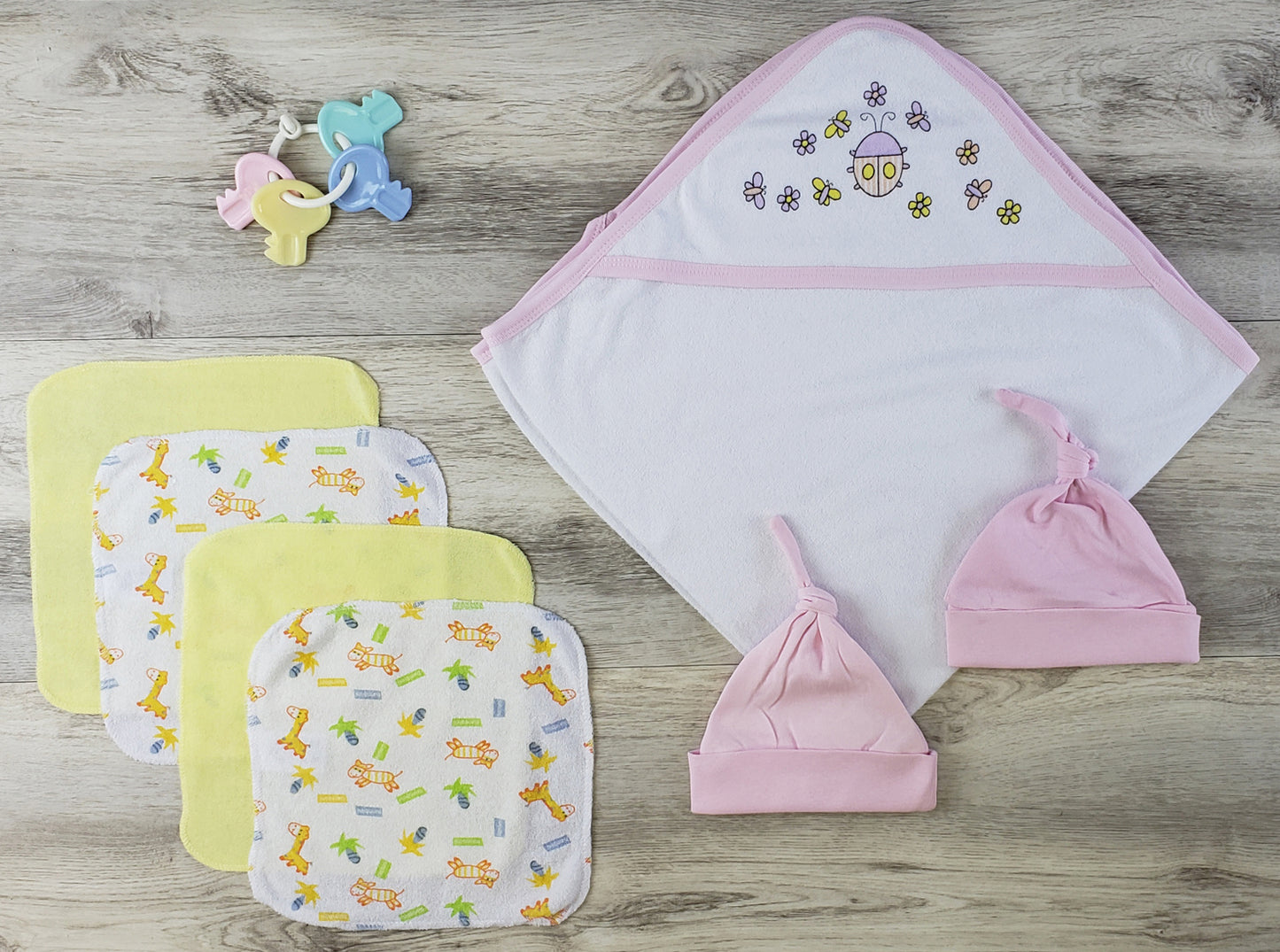 Hooded Towel, Hats and Wash Coths - Yellow/Pink