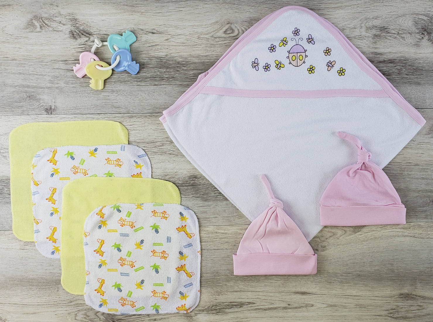 Hooded Towel, Hats and Wash Coths - Yellow/Pink