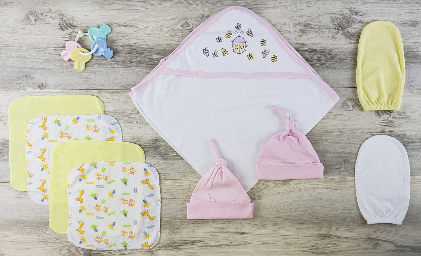 Hooded Towel, Bath Mittens, Hats and Wash Coths - Yellow/Pink/White