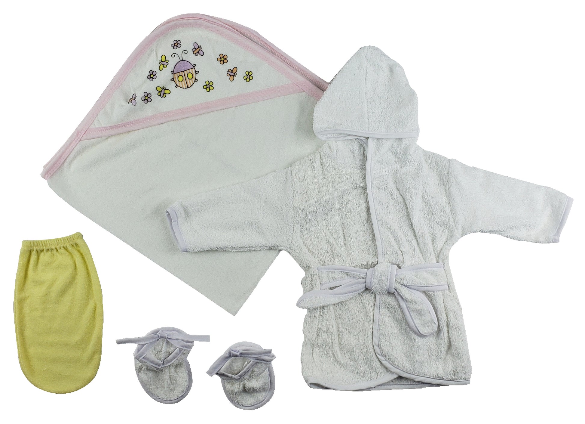 Girls Infant Robe, Hooded Towel and Washcloth Mitt - 3 pc Set  - White/Pink