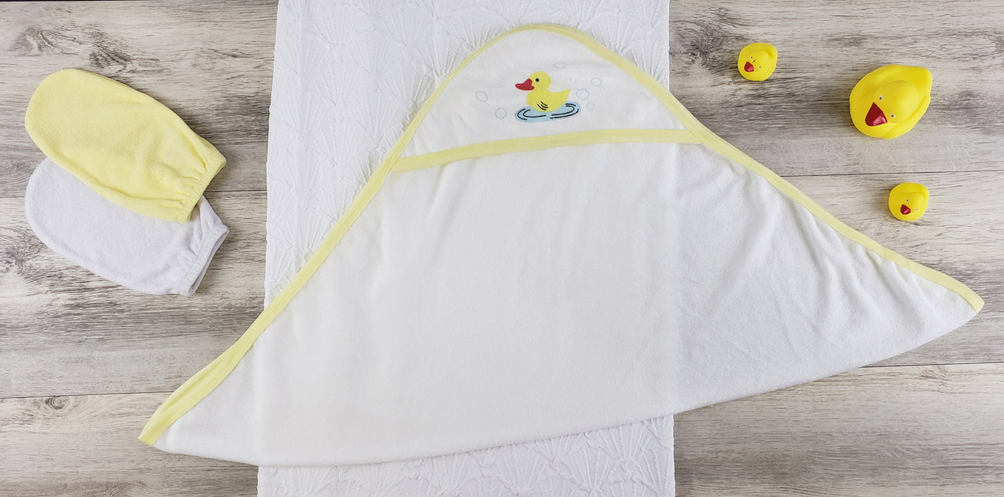 Hooded Towel and Bath Mittens - Yellow/White