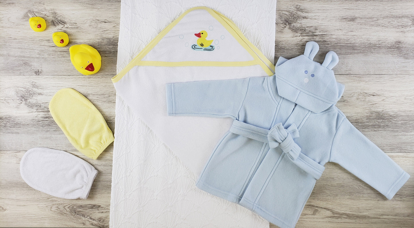 Hooded Towel, Bath Mittens and Robe - Yellow/White/Blue