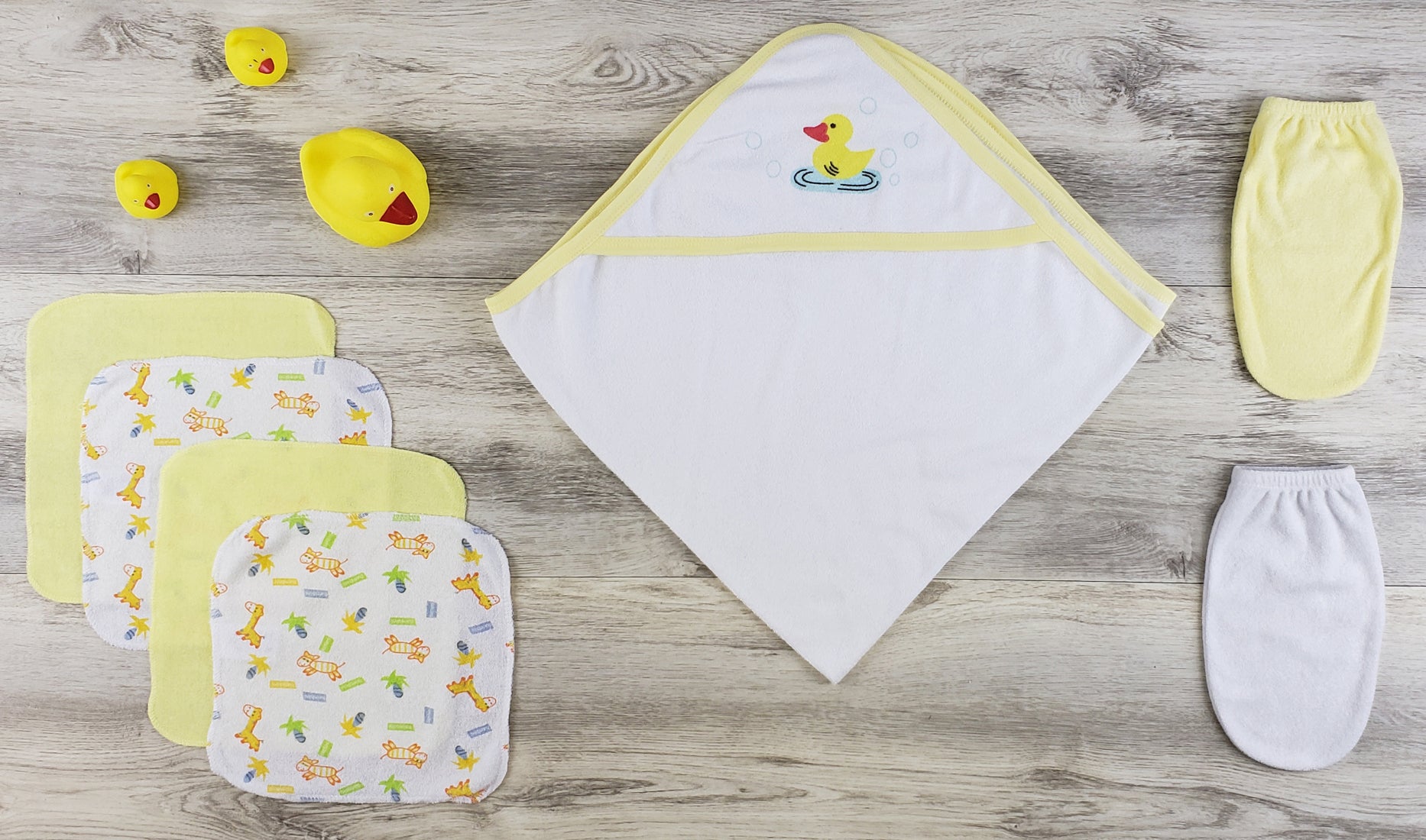 Hooded Towel, Wash Clothes, Bath Mittens - Yellow/White