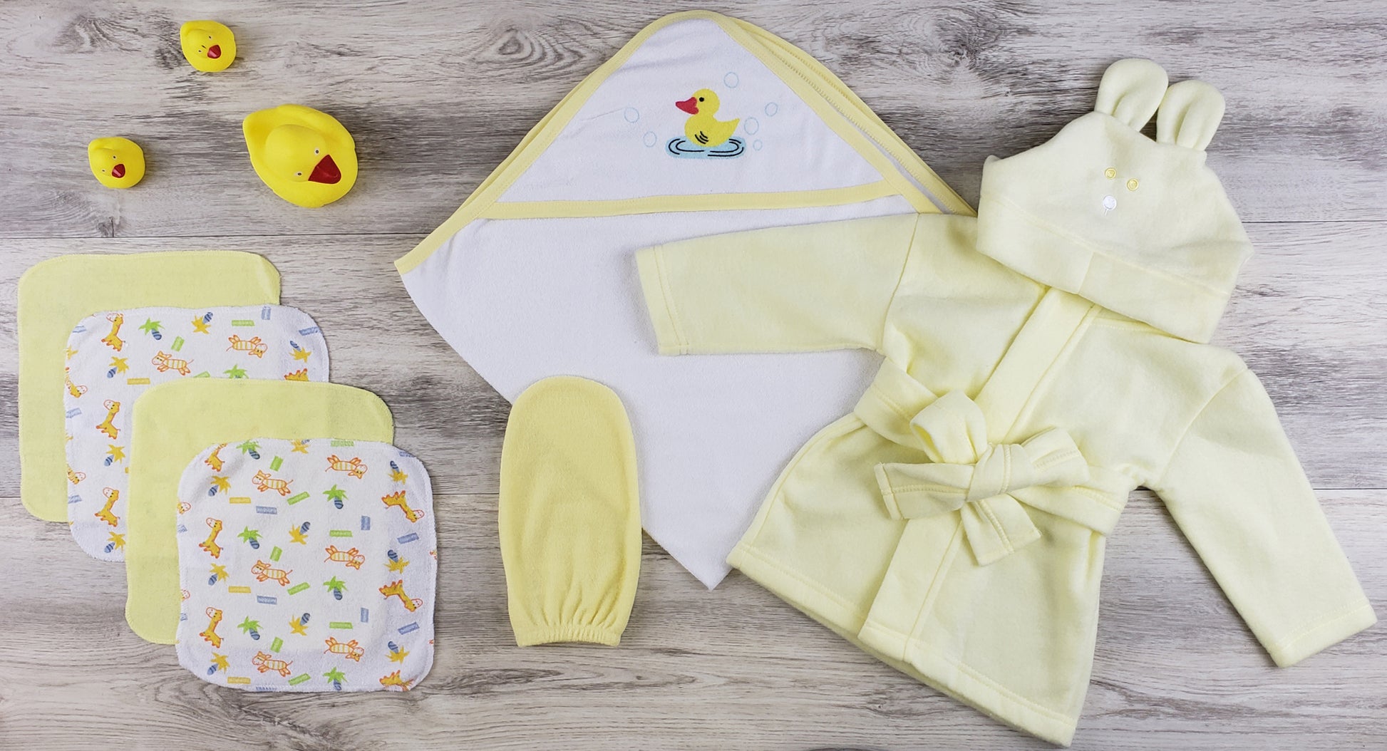 Hooded Towel, Wash Clothes, Bath Mitten and Robe - Yellow/White