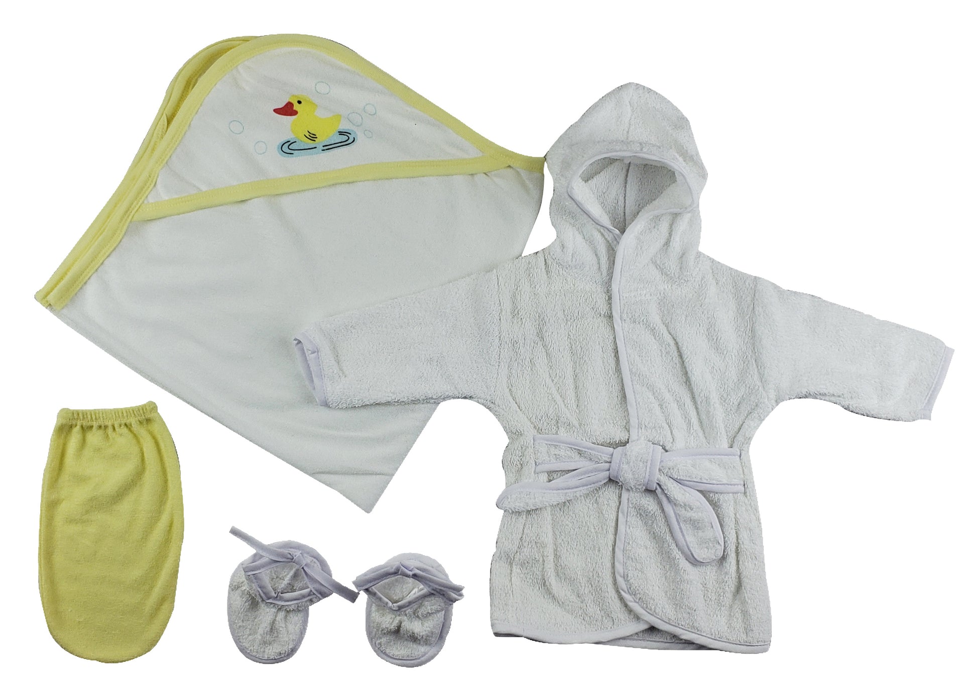 Infant Robe, Hooded Towel and Washcloth Mitt - 3 pc Set  - White/Yellow