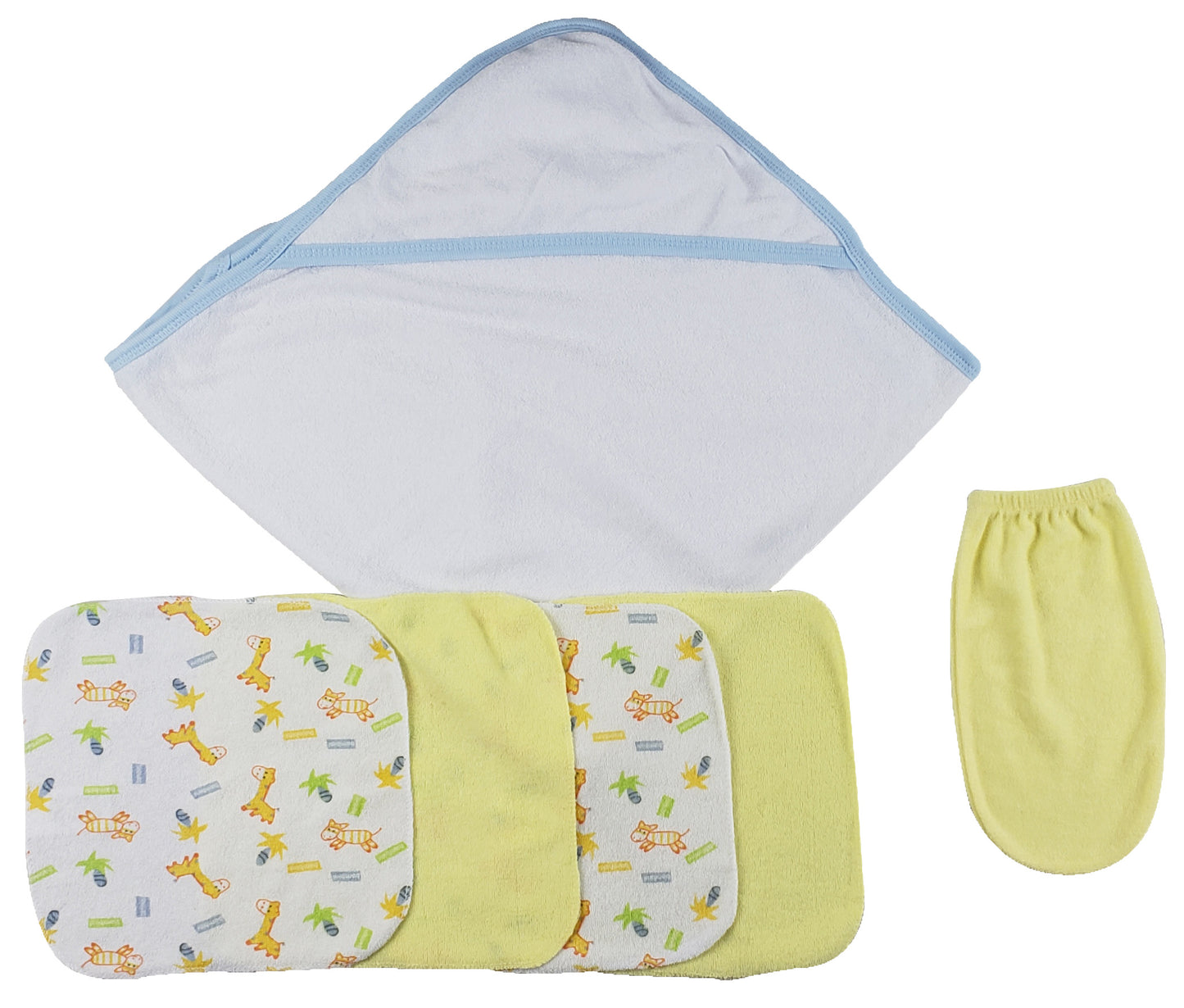 Blue Hooded Towel, Washcloths and Hand Washcloth Mitt - 6 pc Set  - White/Blue