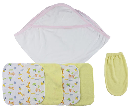 Pink Hooded Towel, Washcloths and Hand Washcloth Mitt - 6 pc Set  - White/Pink