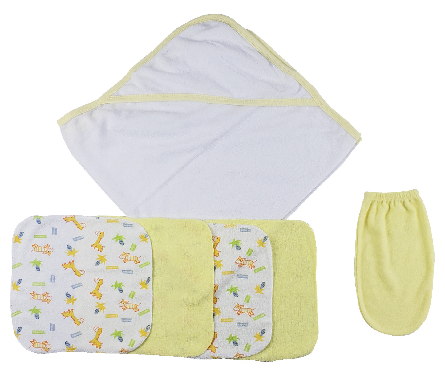 Yellow Hooded Towel, Washcloths and Hand Washcloth Mitt - 6 pc Set  - White/Yellow