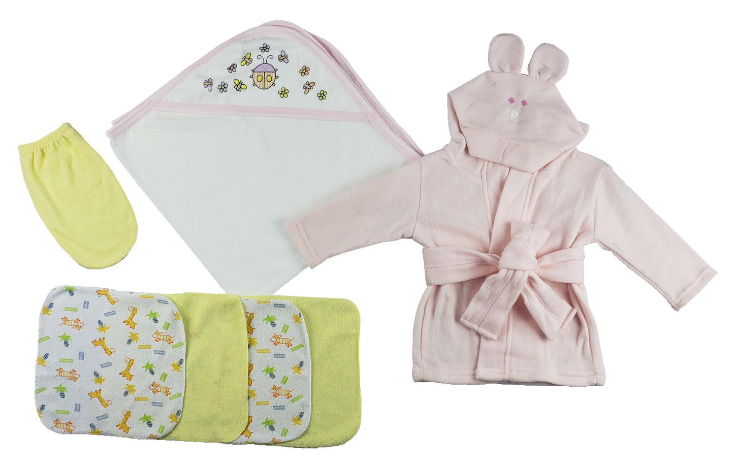 Pink Infant Robe, Hooded Towel, Washcloths and Hand Washcloth Mitt - 7 pc Set  - White/Pink