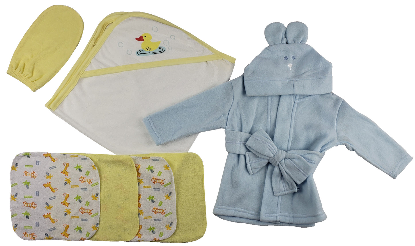 Blue Infant Robe, Yellow Hooded Towel, Washcloths and Hand Washcloth Mitt - 7 pc Set  - White/Blue