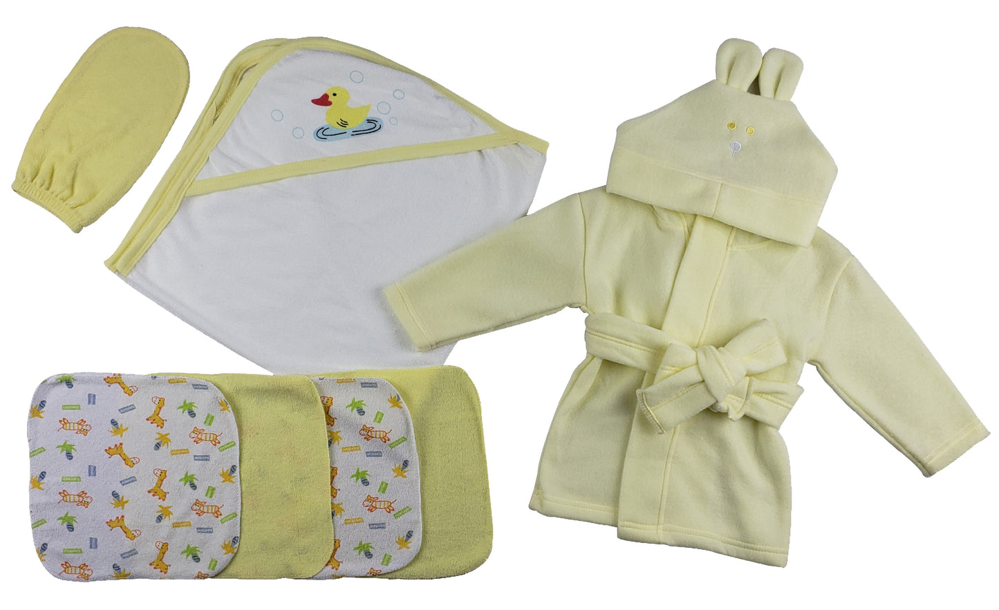 Yellow Infant Robe, Yellow Hooded Towel, Washcloths and Hand Washcloth Mitt - 7 pc Set  - White/Yellow