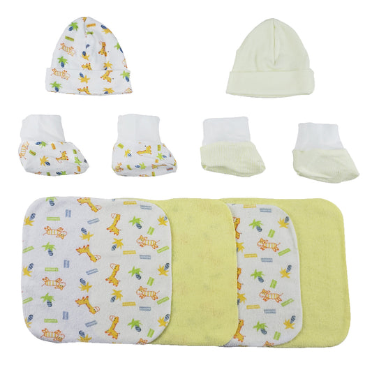 Two Rib Knit Infant Caps and Booties Sets and Four Washcloths - 8 pc Set - White/Yellow