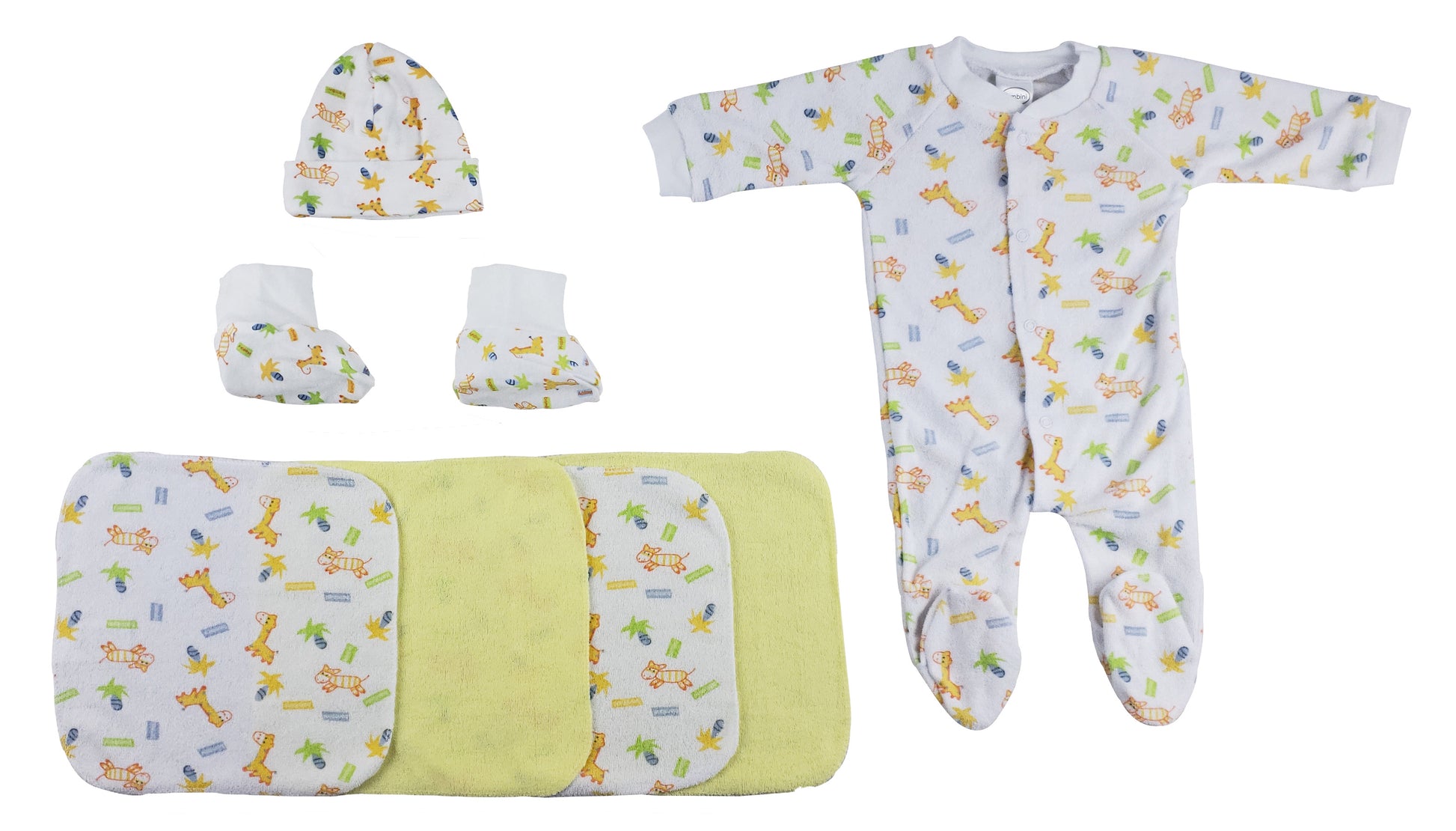 Caps, Booties and Washcloths - 9 pc Set  - White/Yellow