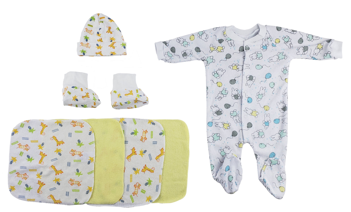 Sleep-n-Play, Cap Booties and Washcloths - 7 pc Set - White/Yellow