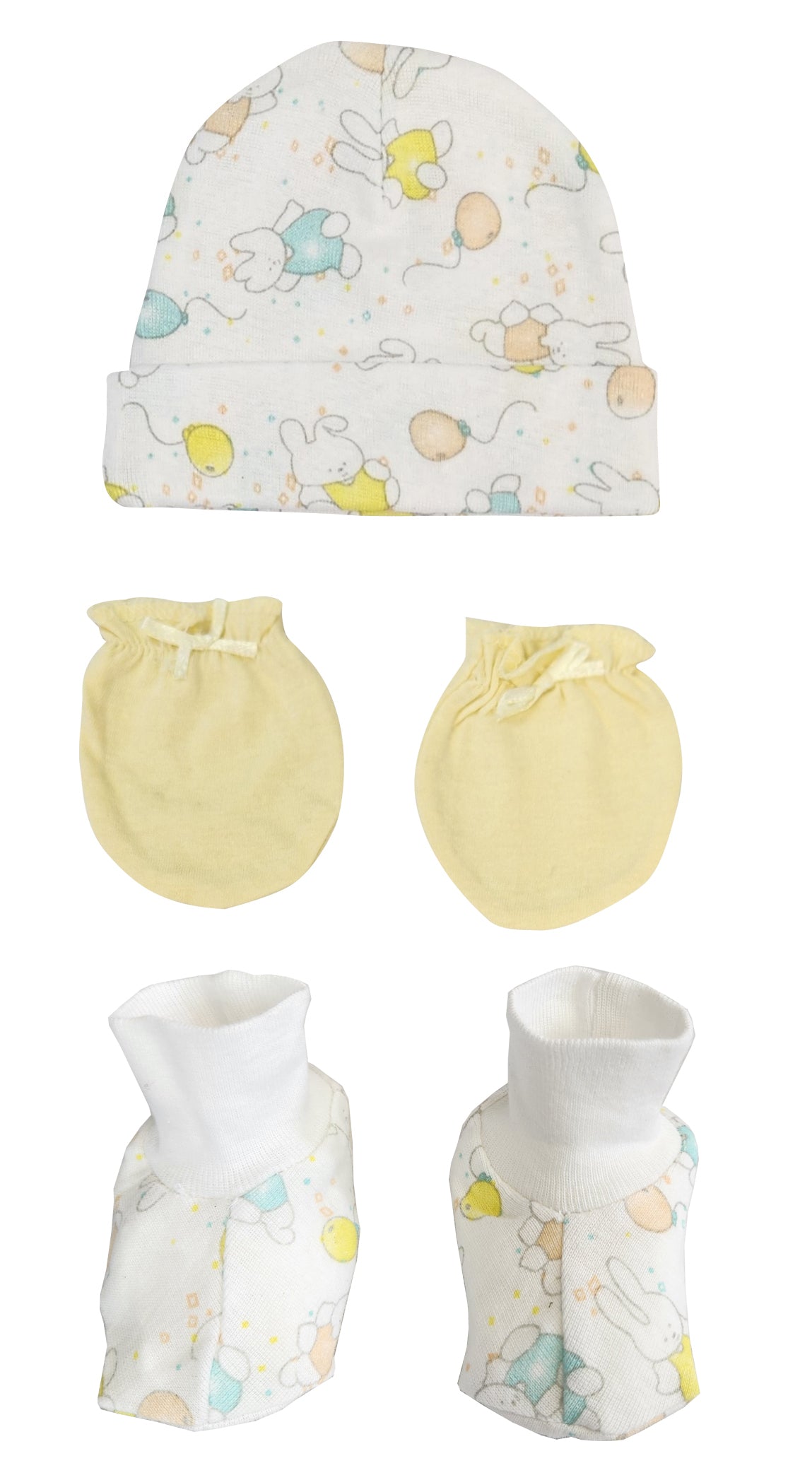 Baby Boy, Baby Girl, Unisex Infant Caps, Booties, Mittens - 3 pc Set  - White/Yellow