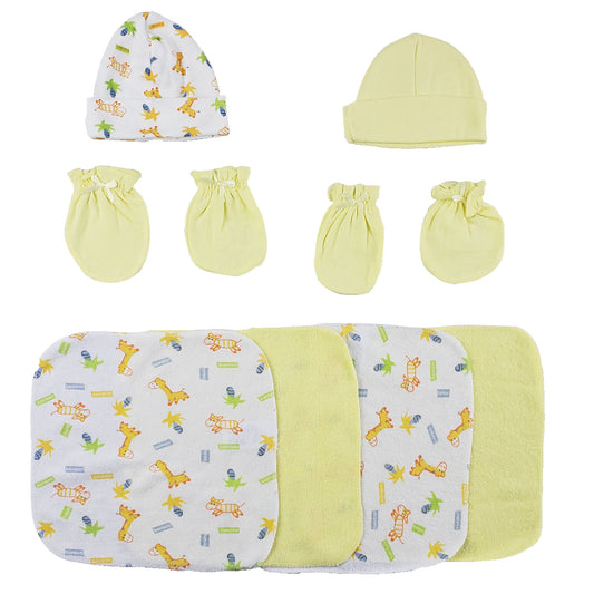 Caps, Mittens and Washcloths - 8 pc Set - White/Yellow