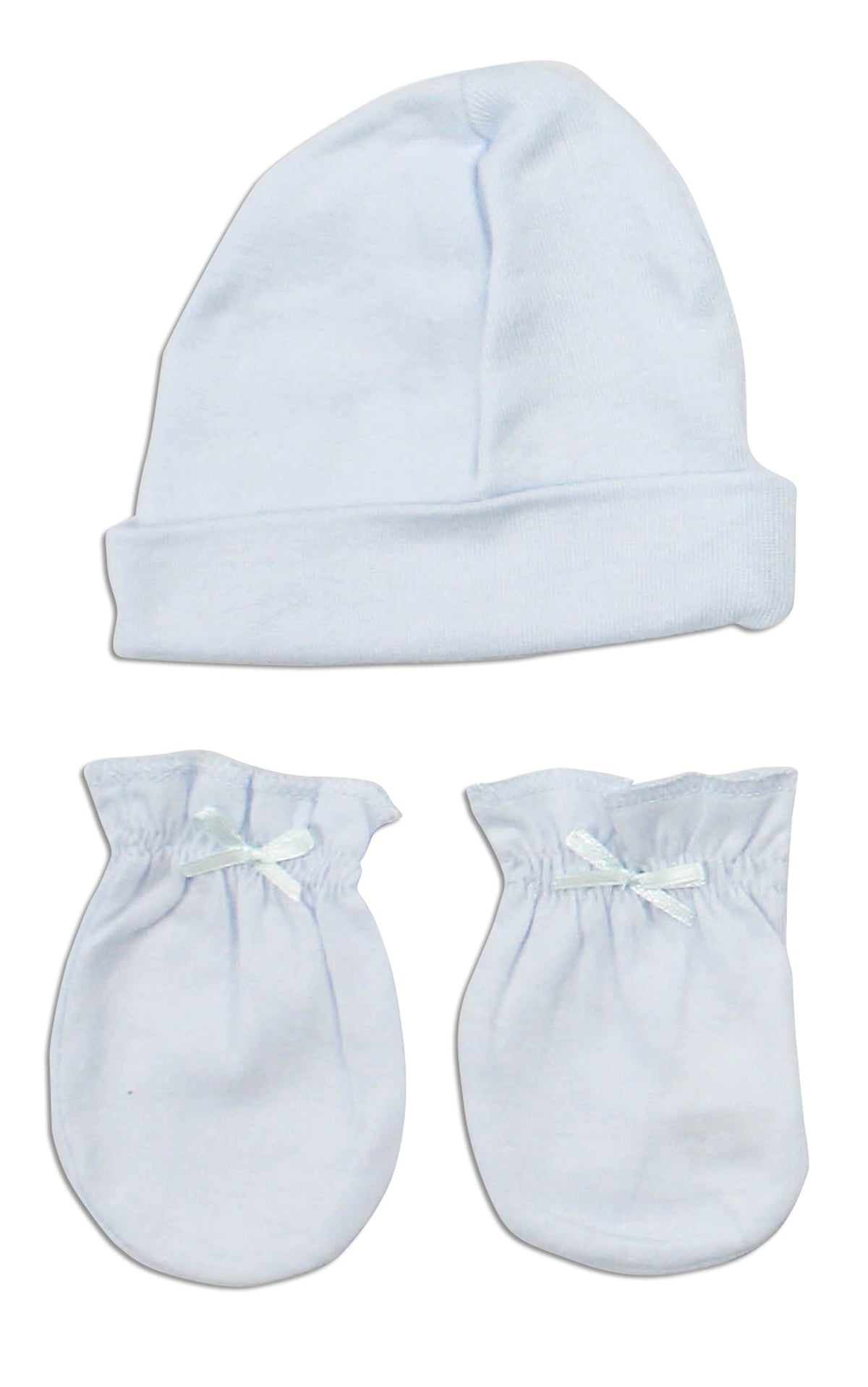 Boys Cap and Mittens 2 Piece Layette Set - White/Blue