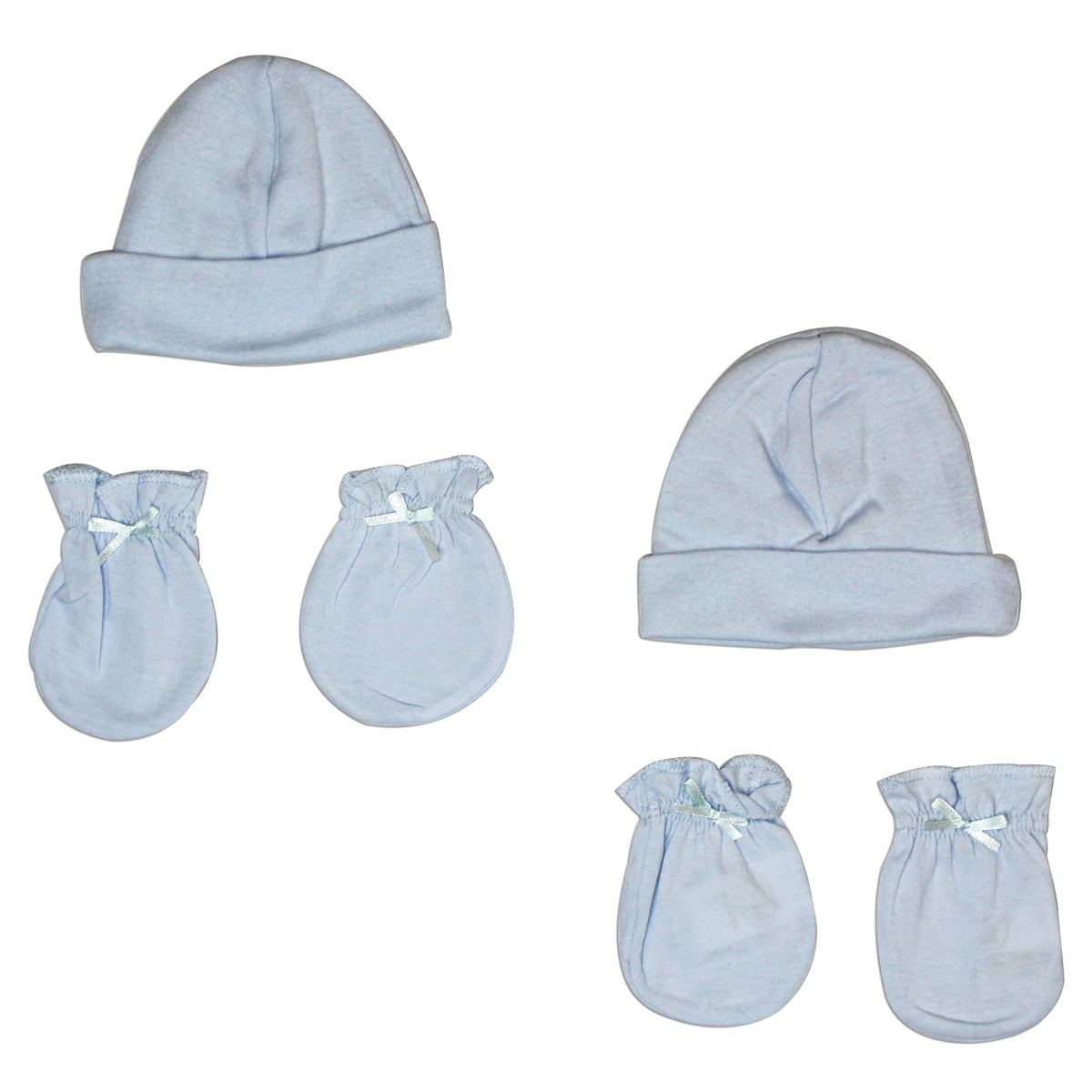 Boys Cap and Mittens 4 Piece Layette Set - White/Blue