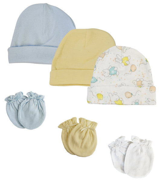 Boys Baby Caps and Mittens (Pack of 6) - White/Blue