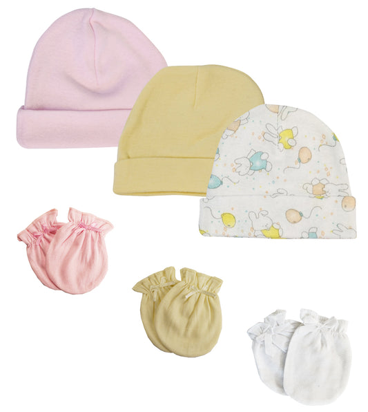 Girls Baby Caps and Mittens (Pack of 6) - White/Pink