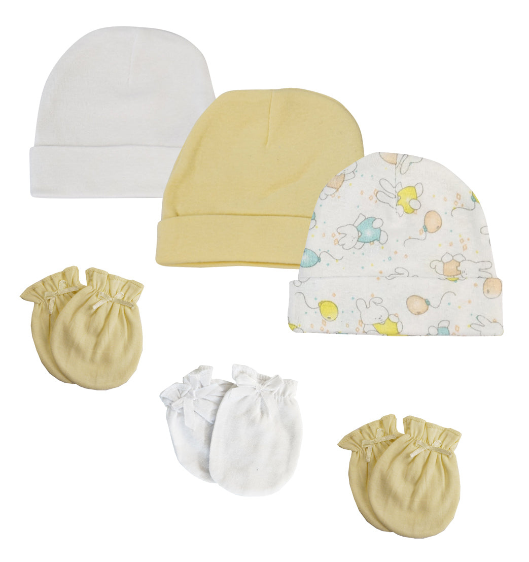 Baby Boy, Baby Girl, Unisex Infant Caps and Mittens (Pack of 6) - White