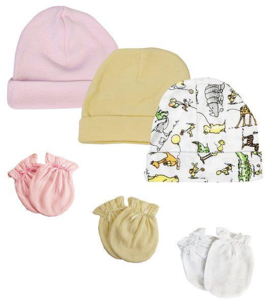 Boys Girls Caps and Mittens (Pack of 6) - White/Pink