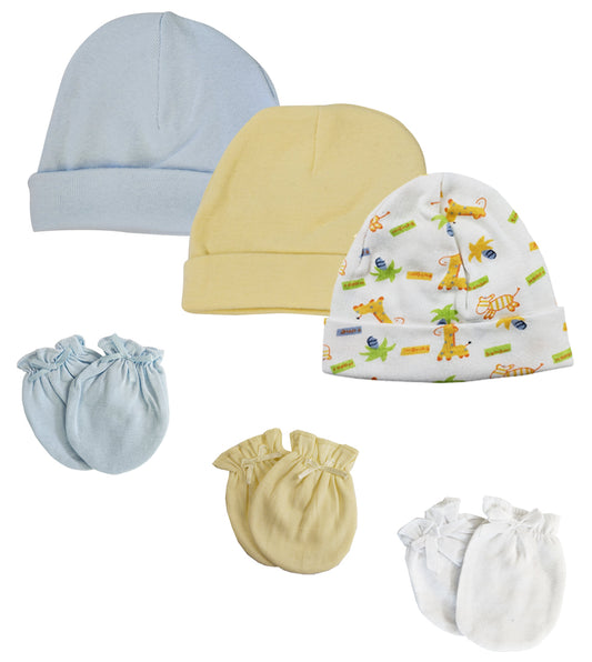 Baby Boy Infant Caps and Mittens (Pack of 6) - White/Blue