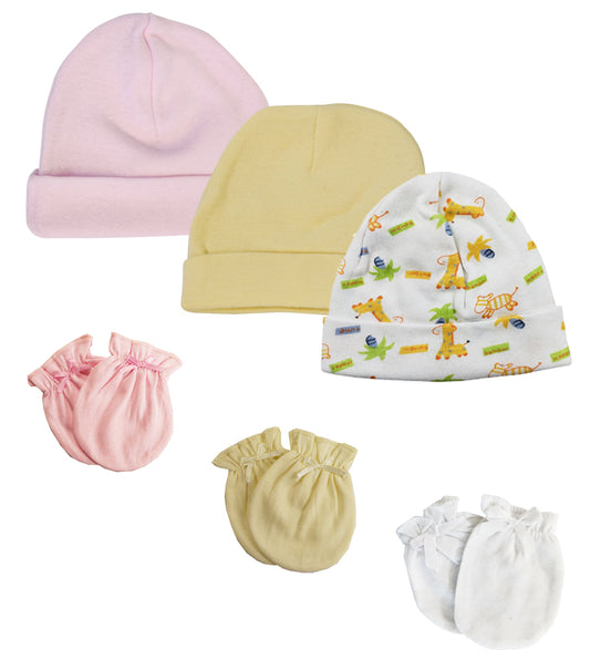 Baby Girl Infant Caps and Mittens (Pack of 6) - White/Pink