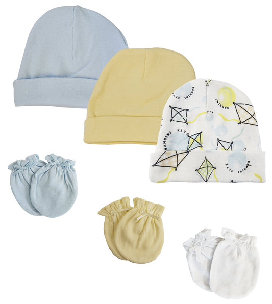 Baby Boys Caps and Mittens (Pack of 6) - White/Blue