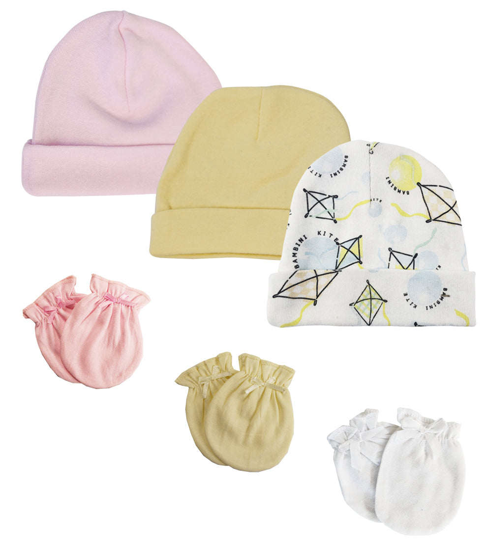 Baby Girls Caps and Mittens (Pack of 6) - White/Pink