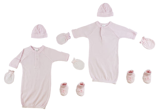 Preemie Gown, Cap, Mittens and Booties - 8 pc Set - Pink