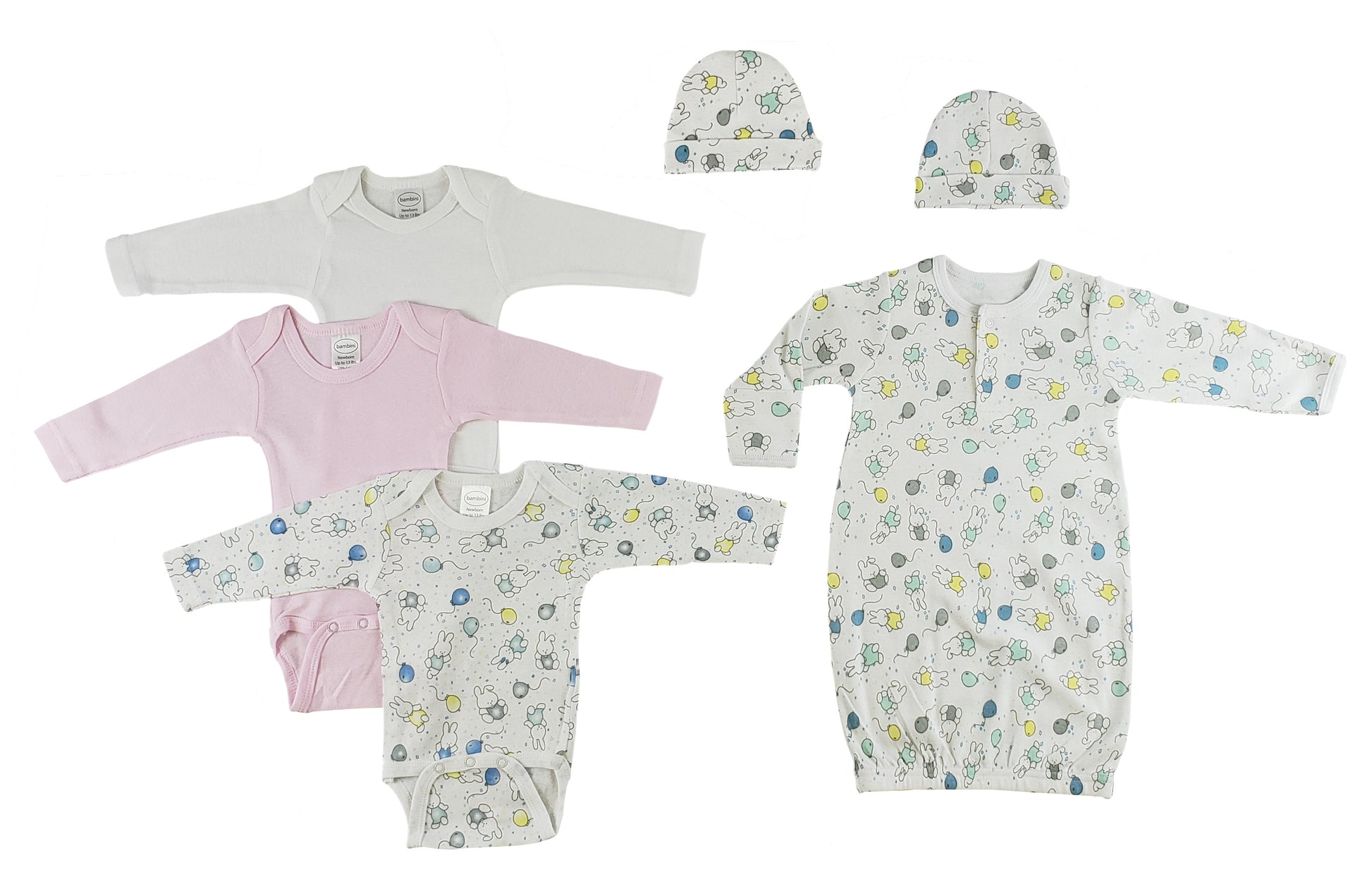 Gown, Onezies and Caps - 6 pc Set - White