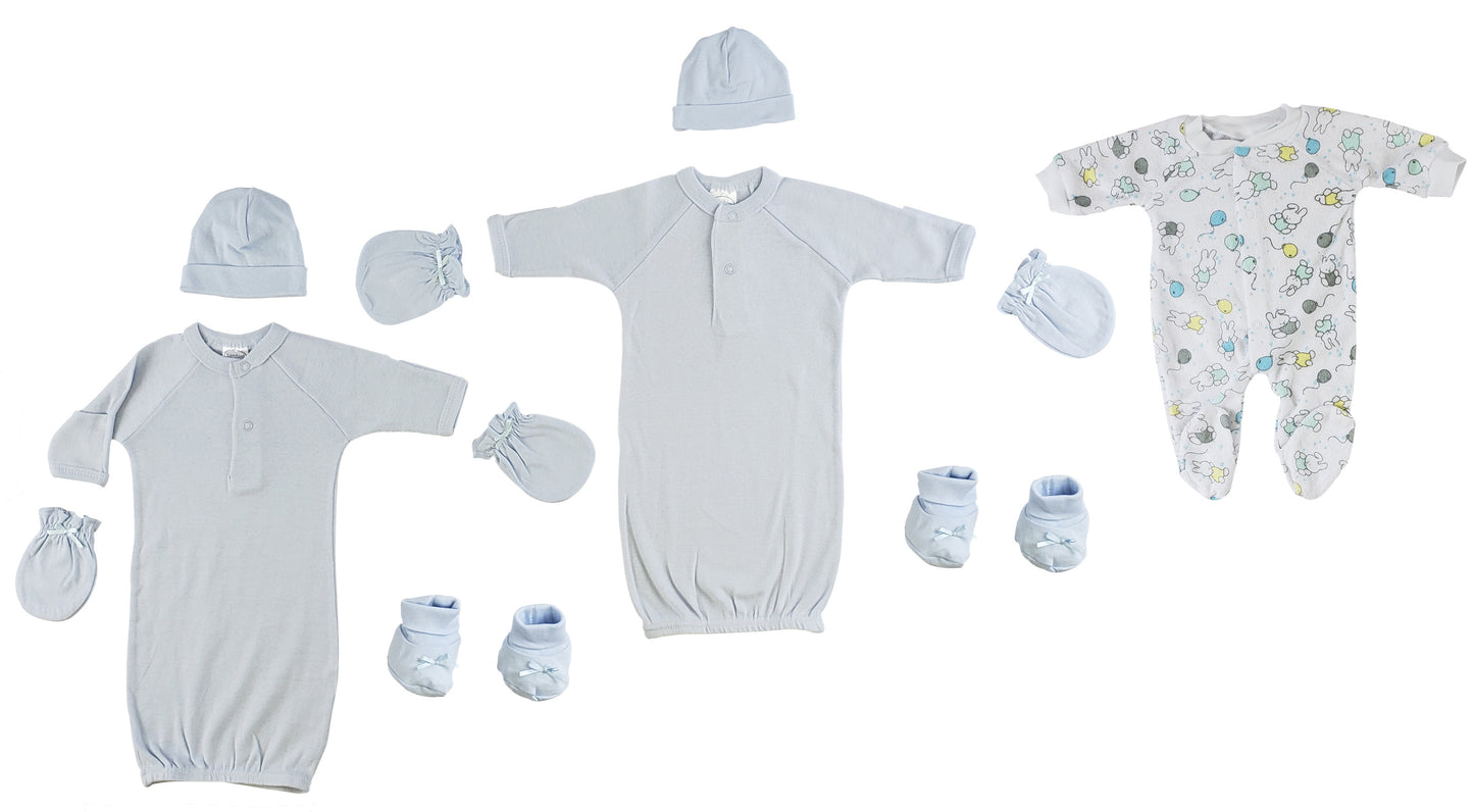 Preemie Boys Gowns, Sleep-n-Play, Caps, Mittens and Booties - 8 pc Set - Blue